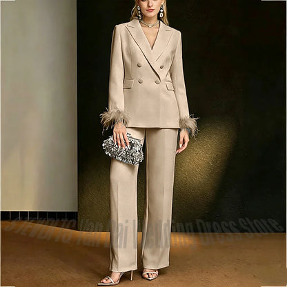 Luxury White Feather Women's Suit Elegant Classic Double Breasted Jacket Pants Formal Evening Party Wedding Guest Outfit