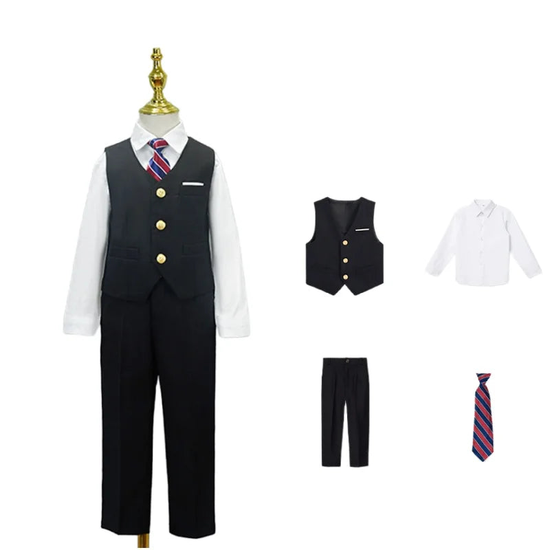 Boys Girls 4Pieces Suit Set Kids School Uniform With Vest Pants Shirts Tie Twins Birthday Piano Performance Costume