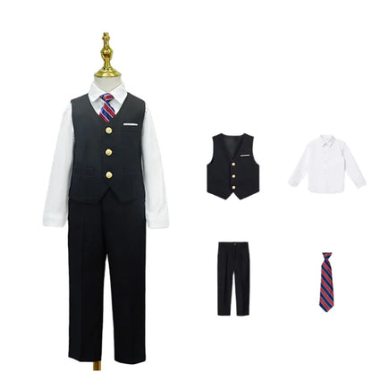 Boys Girls 4Pieces Suit Set Kids School Uniform With Vest Pants Shirts Tie Twins Birthday Piano Performance Costume