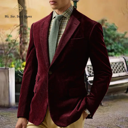 Spring/Autumn New Corduroy Suit Retro Casual Notched Lapel Jacket Single-Breasted Men's Solid Colour Suit Western Sport Coats