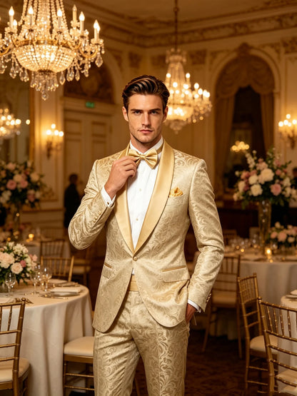 2 Piece High Quality Champagne Jacquard Men Suits Smart Casual Single Breasted Shawl Lapel Blazer with Pants for Wedding Party