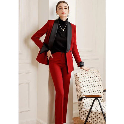 Fashion Red Women Pants Set High-end Two Button Black Collar Female Two Pieces(Blazer+Trousers)أطقم بناطيل