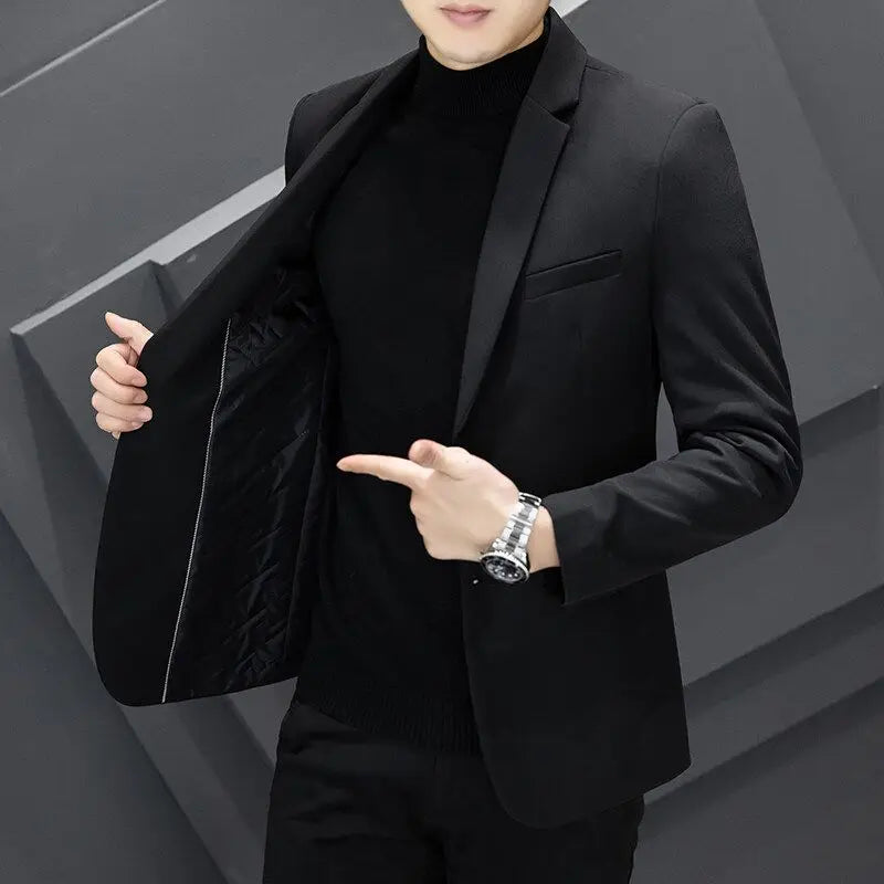 Men's Winter Cotton-Padded Thick Double-Breasted Casual Blazer Korean Style Trendy Solid Color Dark Blue Black Suit Jacket