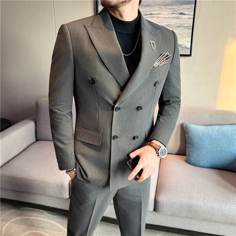 Brand Two-piece Suit for Men British Style Double Breasted Casual Business Suit Blazer Trousers Office Party Prom Wedding Suits