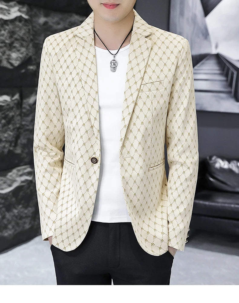 Korean Letter Print Men Blazers Brand 2024 Spring Casual Business Suit Jackets Slim Fit Street Wear Social Jacket Men Clothing