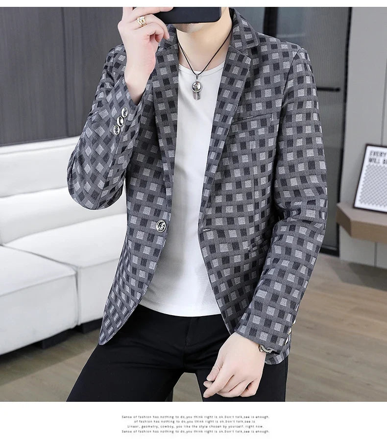 2026 Spring Autumn Men's Suit Jacket Korean Checkered Suit Jackets Slim Fit Fashion Casual Business Formal Blazers Costume Homme