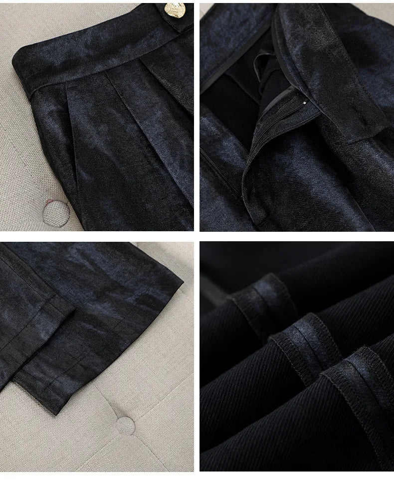 Women Golden Black Formal Pant Suit Autumn Female Tie-dye Blazer and Trouser 2 Piece Set For Office Ladies Winter Work Wear