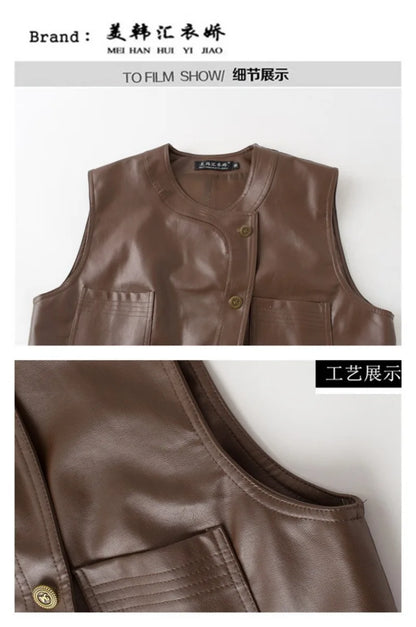 Pu Leather Vest Women Short Sleeveless Jacket 2026 Autumn New Solid Single-breasted Female Imitation Leather Waistcoat Outerwear