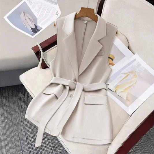 Fashion Sleeveless Slim Suit Collar Women Vest Spring Autumn New Single Breasted Elegant Lace Up Female Versatile Vest Tops 2025