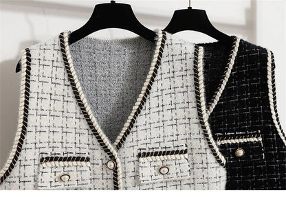Women's Contrast Knitted Vest New Autumn Short Sleeveless Jacket V-neck Single Breasted Waistcoat Female Coats Chaleco Mujer
