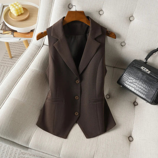 Brown Suit Vest for Women Spring and Autum Short Single-Breasted Slim Workplace Elegant Sleeveless Top Jacket