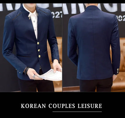 2024 Spring New Men's Stand Collar Casual Suit Jackets Youth Fashion Solid Color Stitching Three Button Mens Blazer Coats