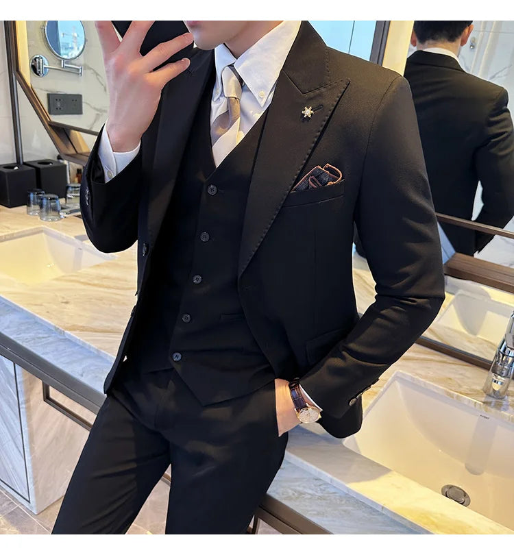 (Blazer + Vest + Trousers) 2024 New Men Formal Business Solid Suit 3 Pieces Set Italian Style Luxury Wedding Social Party Tuxedo
