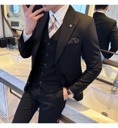(Blazer + Vest + Trousers) 2024 New Men Formal Business Solid Suit 3 Pieces Set Italian Style Luxury Wedding Social Party Tuxedo