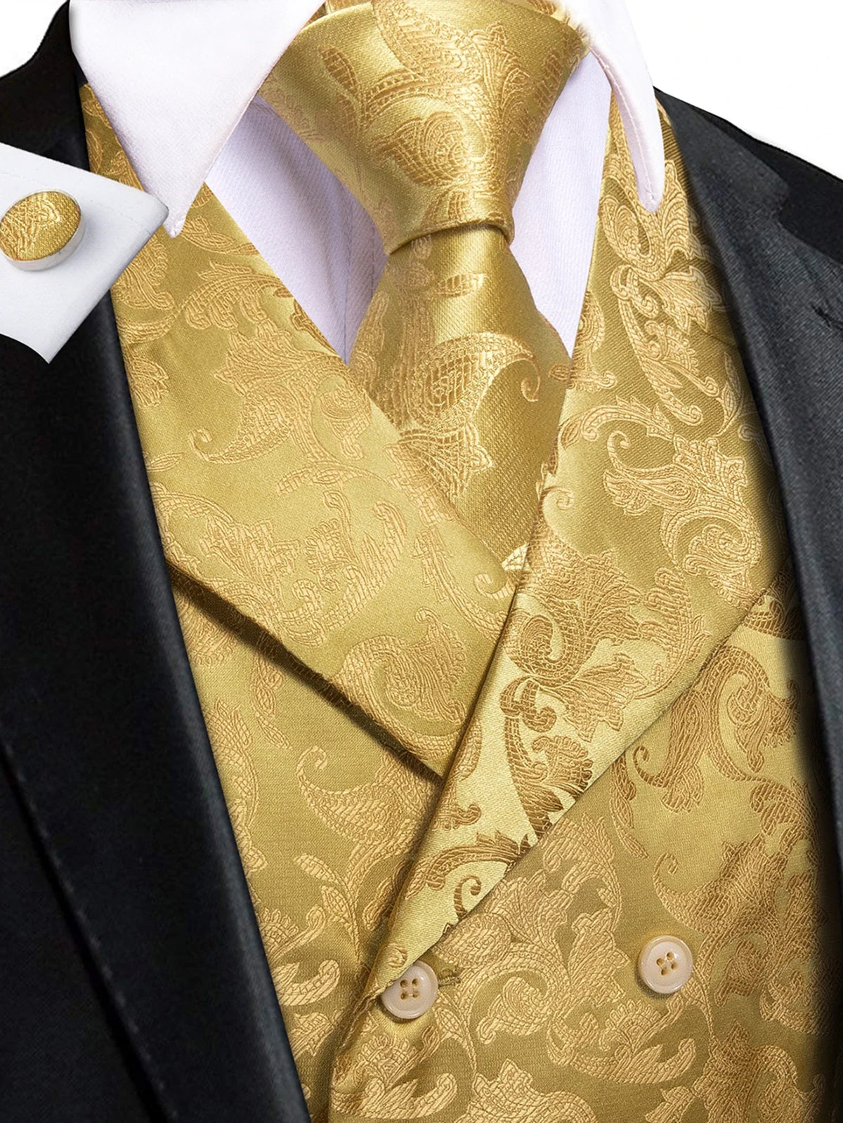 Men's Floral Jacquard Waistcoat Set – Golden Yellow Red Single Breasted Vest for Tuxedo, Gala & Special Occasions