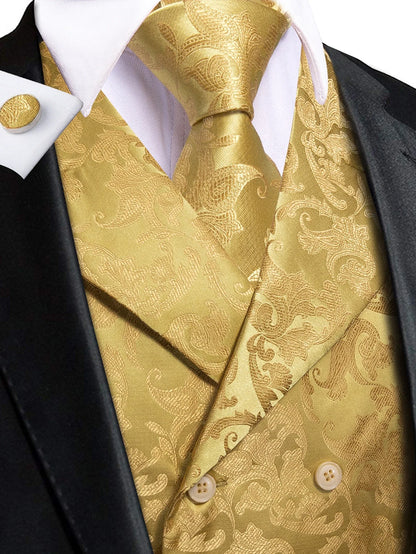 Men's Floral Jacquard Waistcoat Set – Golden Yellow Red Single Breasted Vest for Tuxedo, Gala & Special Occasions
