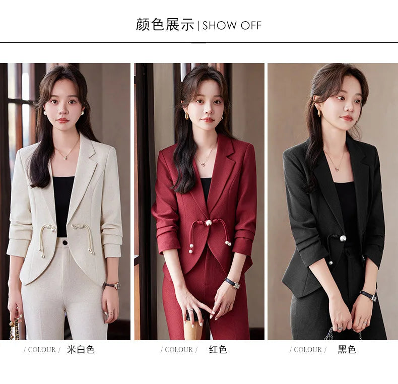 Elegant National Style Buckle Pants Suit  2024 Autumn New Professional Temperament Slim Blazer And Pants Office Ladies Work Wear