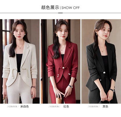 Elegant National Style Buckle Pants Suit  2024 Autumn New Professional Temperament Slim Blazer And Pants Office Ladies Work Wear