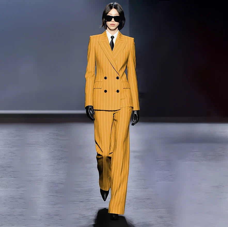Dark Blue Stripes Women Suit Customized Double-breasted Peak Lapel Two Pieces(Jacket+Pants) Business Office Lady Competent Set