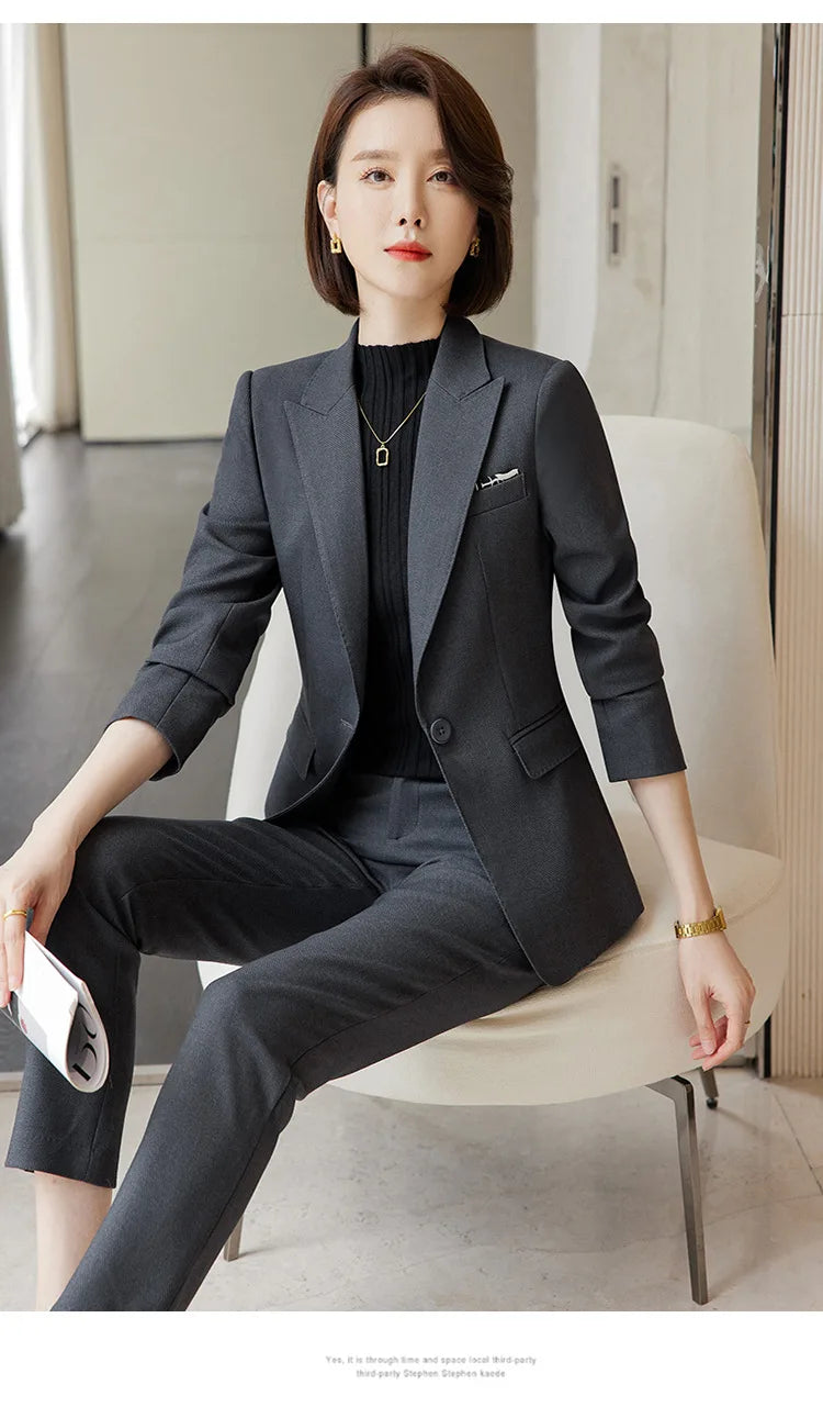 Ladies Blazer And Pant Suit Formal Army Green Khaki Gray Black Solid Women Jacket Trouser Female Business Work Wear 2 Piece Set