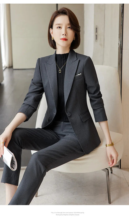Ladies Blazer And Pant Suit Formal Army Green Khaki Gray Black Solid Women Jacket Trouser Female Business Work Wear 2 Piece Set
