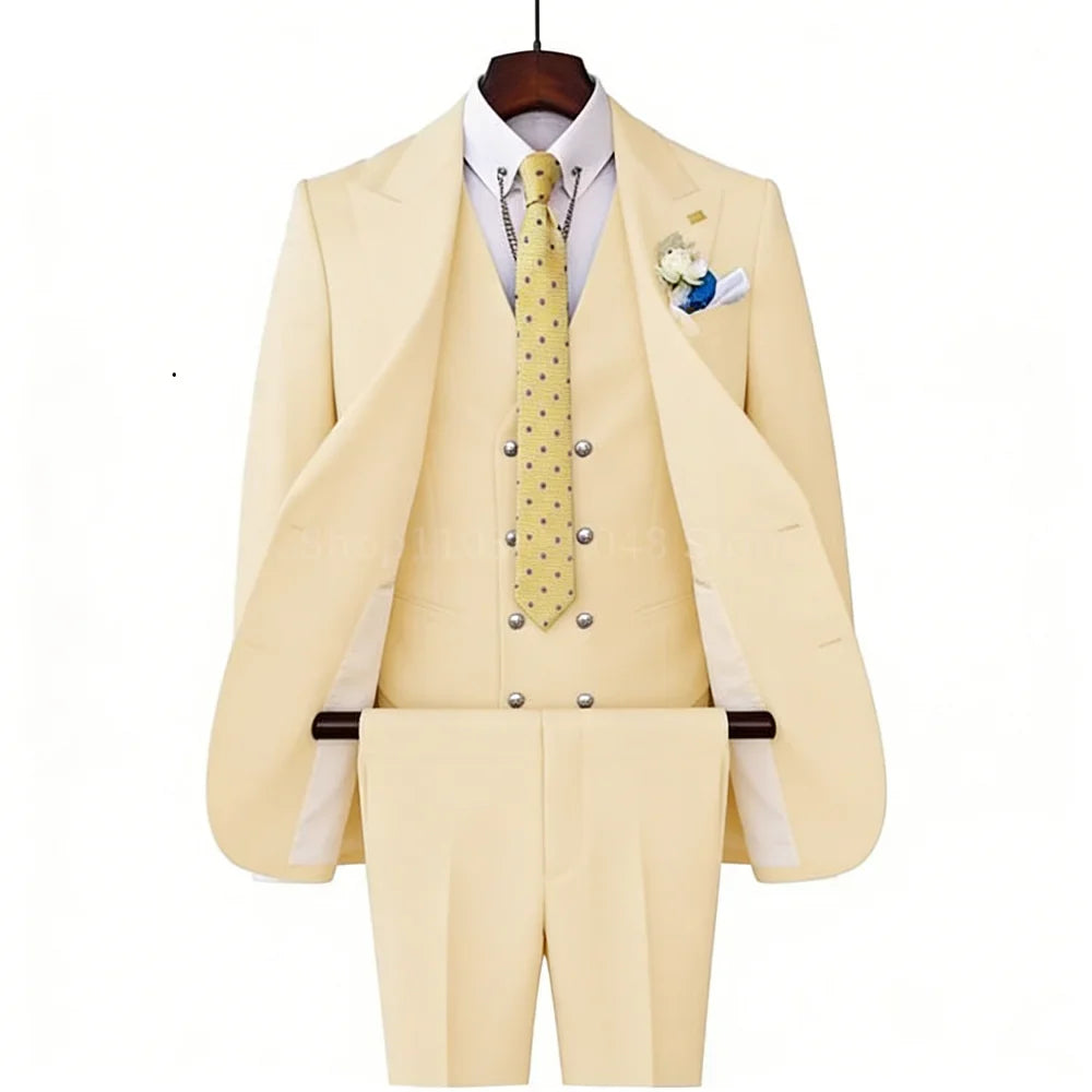 Smart Casual 3 Piece Peak Lapel Single Breasted Wedding Suit for Men Fashion Formal Best Man Groom Tuxedo Slim Fit Costume Homme
