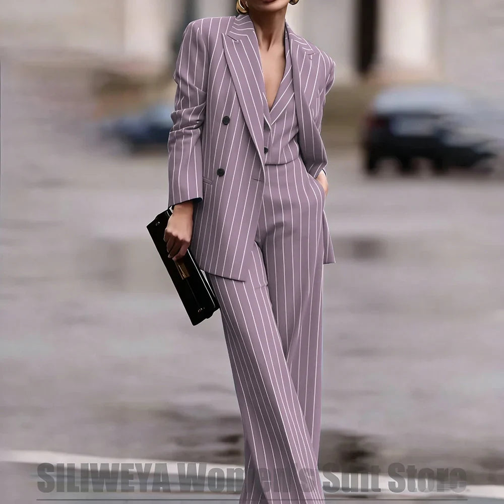 Navy Women's Striped 3 Piece Suit Double Breasted Blazer Vest Wide-Leg Pants Set Fashion Formal Party Office Casual Outfit