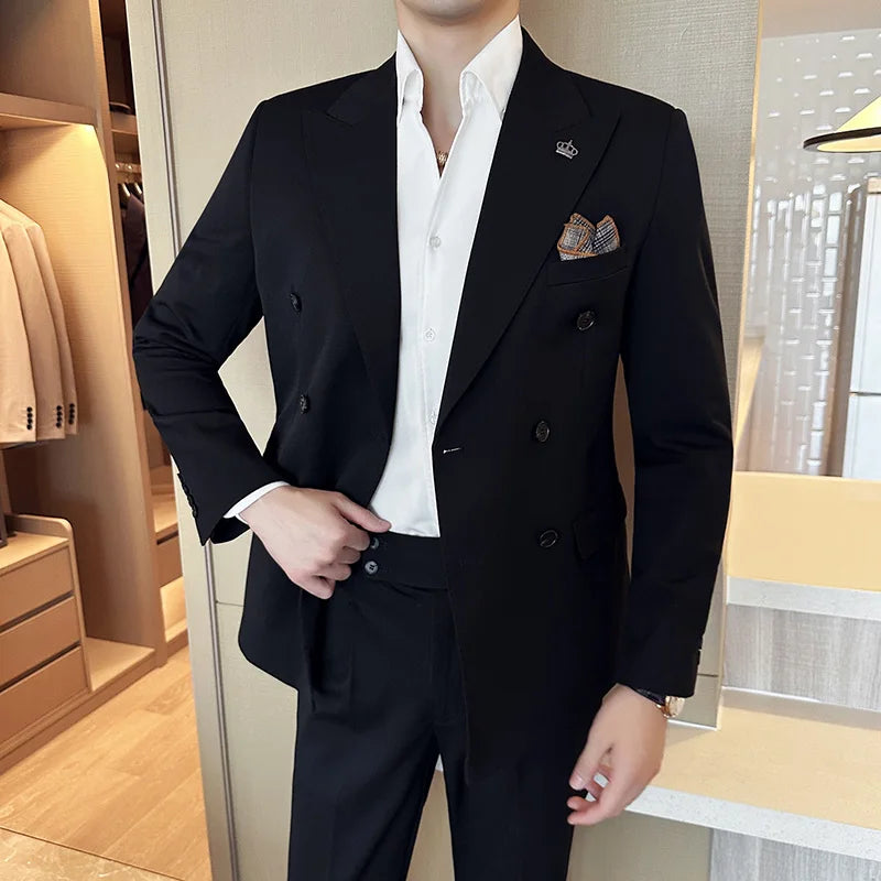 (Blazer + Trousers) Fashion Double Breasted Design Slim Men's Suit Italian Style Luxury Wedding Social Party Tuxedo 2 Piece Set