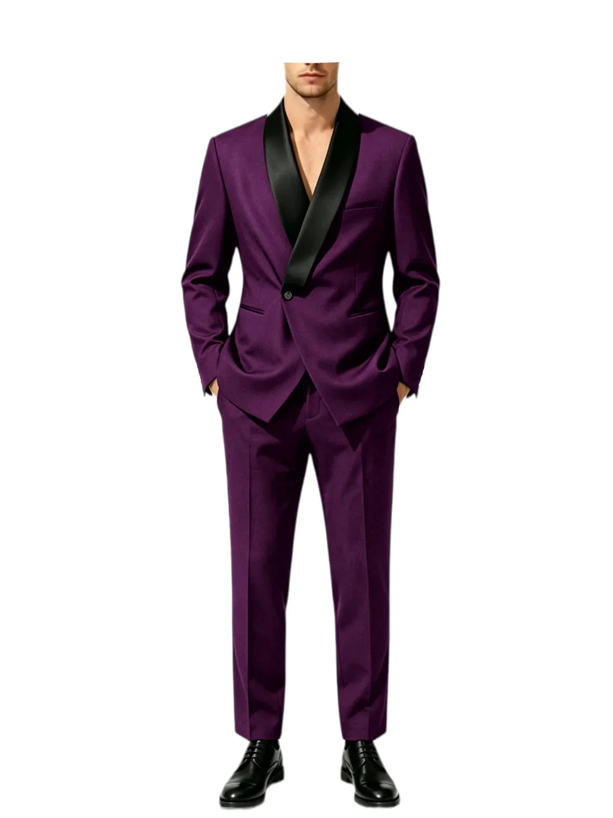 Men's Slim Fit Tuxedo Suit with Black Satin Shawl Lapel – 2-Piece Blazer & Pants for Wedding, Prom & Formal Events