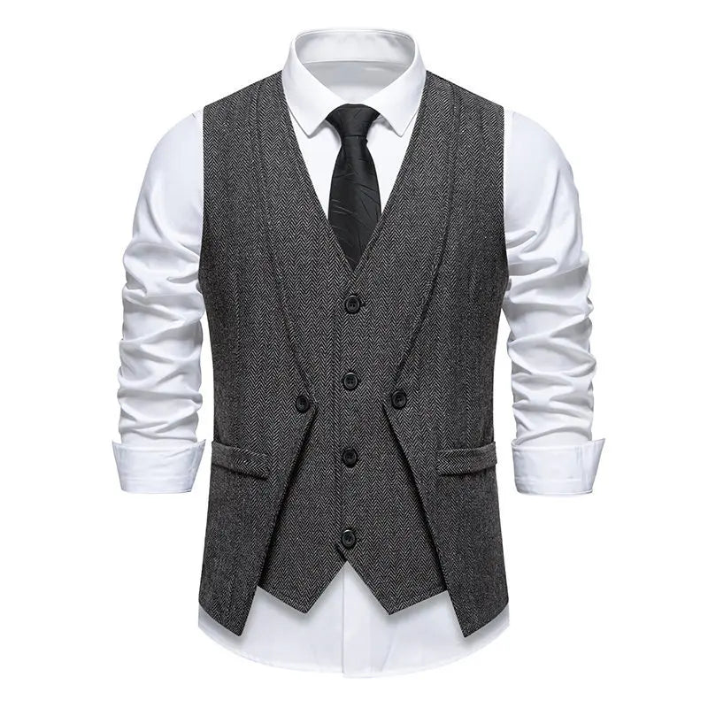 Men's Triple-Breasted Herringbone Tweed Vest – Retro Fake Two-Piece Waistcoat for Weddings & Smart-Casual Occasions
