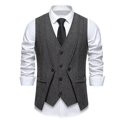 Men's Triple-Breasted Herringbone Tweed Vest – Retro Fake Two-Piece Waistcoat for Weddings & Smart-Casual Occasions
