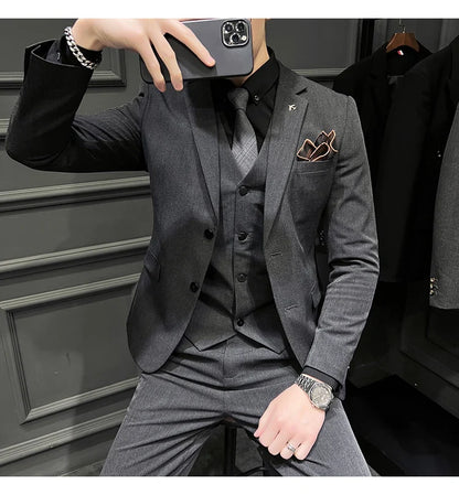 Men's Slim Fit 3-Piece Suit – Solid Color, Smart Casual & Wedding