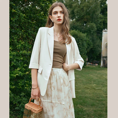 Formal Style Womens Blazers 2026 Spring Office Wear Solid Notched Collar Three Quarter Sleeve Outercoat G24CW89889