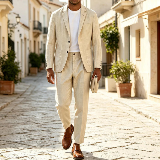 Men's Linen Suit 2-Piece Slim Fit Smart Casual Blazer and Ankle Pants Set for Business and Summer Occasions