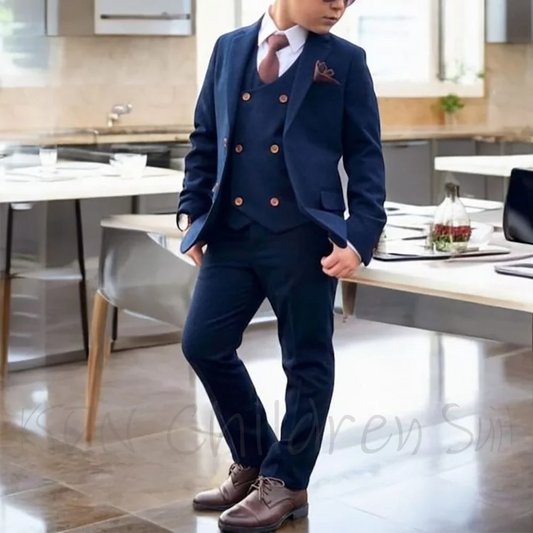 Navy Blue Boys Suit Three Pieces Classic Peaked Lapel Slim Fitted Casual Fashion Outfit Birthday Party Prom Children Set