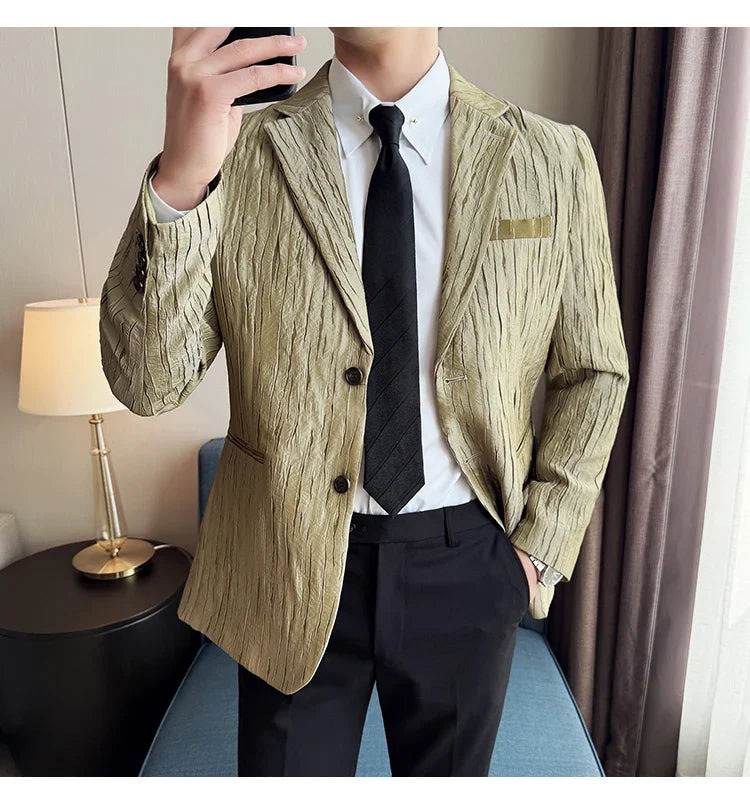 Korean Trend 3D Pleated Suit Jacket for Men Wedding Groom Business Dress Jacket Casual Banquet Party Host Blazer Masculino