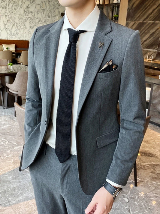Spring Autumn Handsome Jacket Pants 2 Pieces Formal Business Sets For Men Notched Lapel Men's Suits Banquet Party Wear In Stock