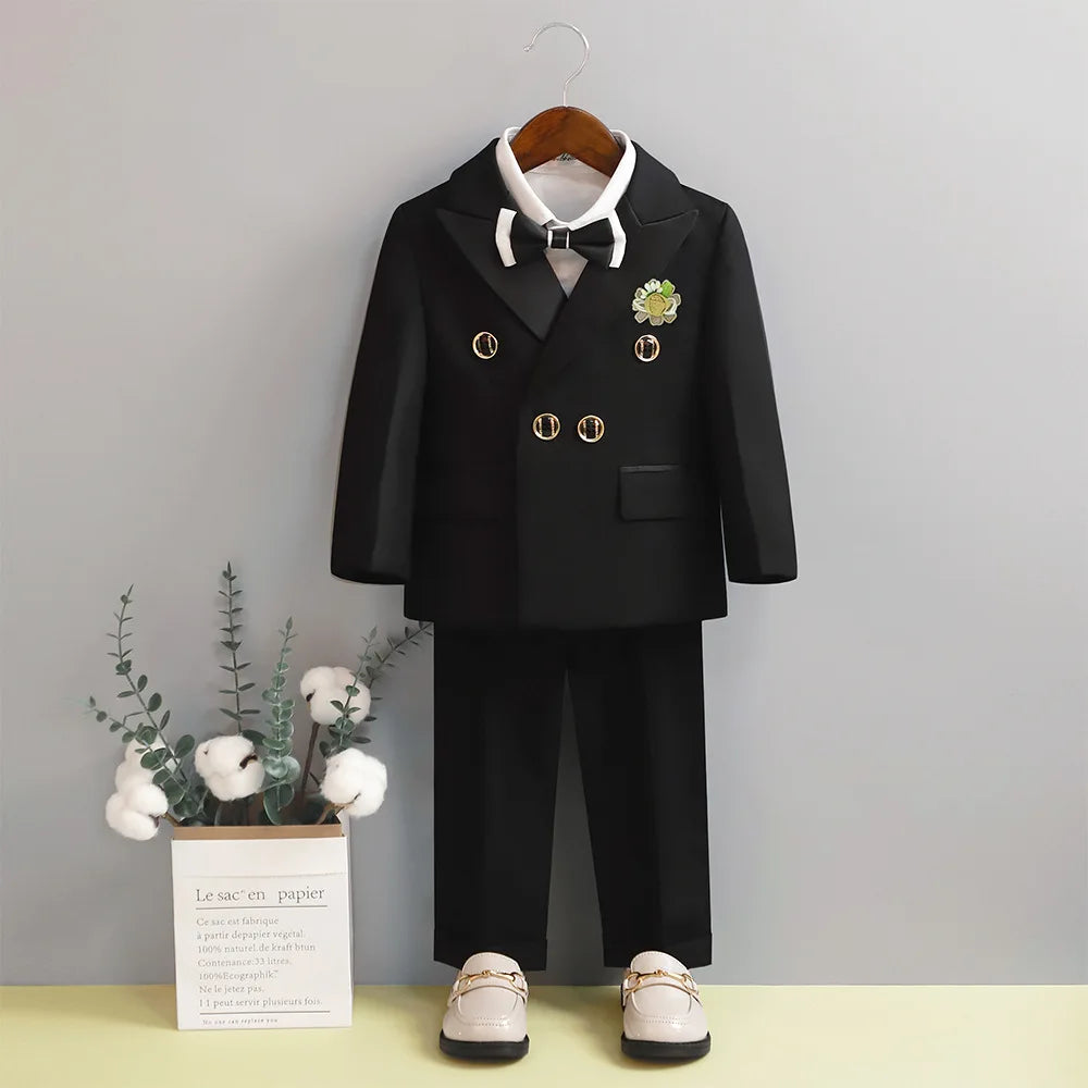 Children 3Pieces White Wedding Suit Kids Jacket Pants Botwtie Photograph Suit Flower Boys Birthday Tuxedo Party Dress