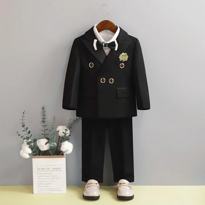 Children 3Pieces White Wedding Suit Kids Jacket Pants Botwtie Photograph Suit Flower Boys Birthday Tuxedo Party Dress