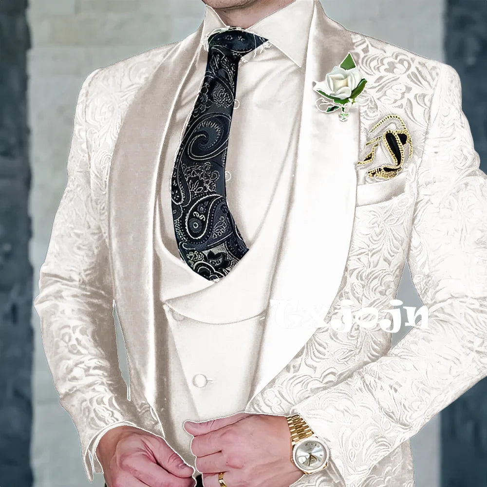 Exquisite jacquard Men's 3-piece Suits Wedding Groom Sets Handsome Shawl Lapel Suit Set Dancing Wear Formal Tuxedo For Business