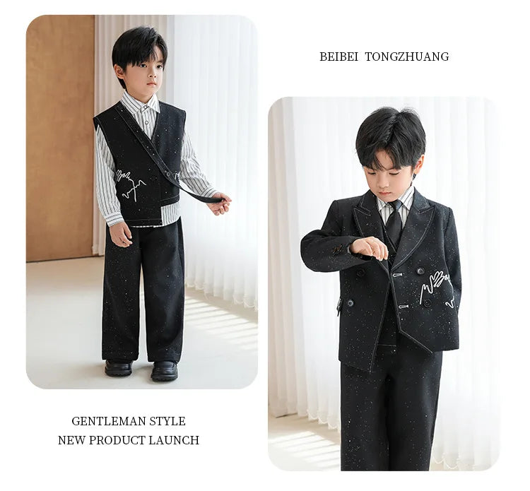 Boys Solid Double Breasted Blazer Jack Vest Pants Children Suit Waistcoat Wedding Clothes Sets Toddler Formal Dress Kids Tuxedos