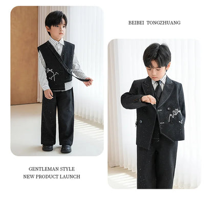 Boys Solid Double Breasted Blazer Jack Vest Pants Children Suit Waistcoat Wedding Clothes Sets Toddler Formal Dress Kids Tuxedos