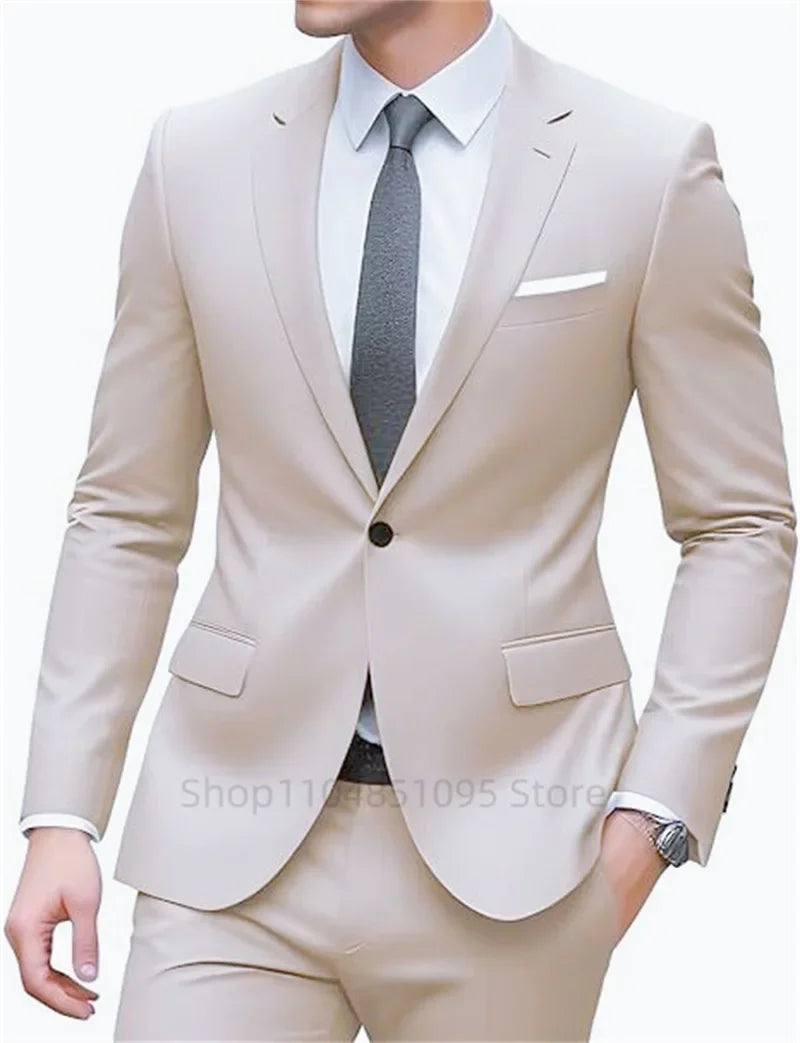 New Solid Slim Fit 2 Piece Wedding Men Suits Groom Tuxedos Formal Suit for Prom Party Busienss Best Man Notch Lapel Blazer Pants