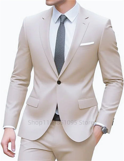 New Solid Slim Fit 2 Piece Wedding Men Suits Groom Tuxedos Formal Suit for Prom Party Busienss Best Man Notch Lapel Blazer Pants