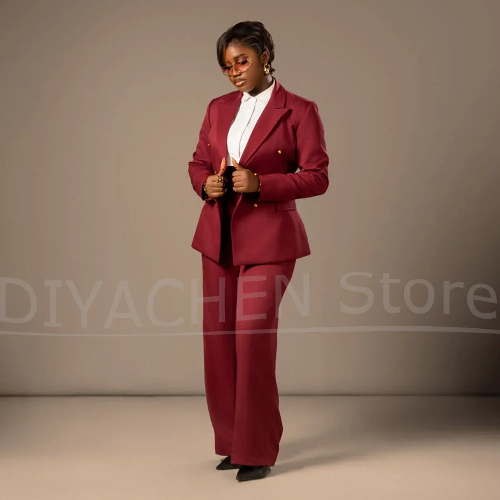 Women Suit Double Breasted Gold Button Blazer And Wide Leg Pants Two Piece Elegant Formal Office Business Casual Party Tuxedo