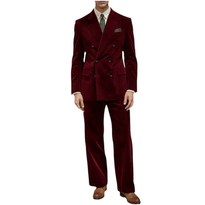 Men's Corduroy Suit 2 Piece Retro Double Breasted Peak Lapel Blazer Straight Leg Pants Formal Set Business Casual Wedding Party