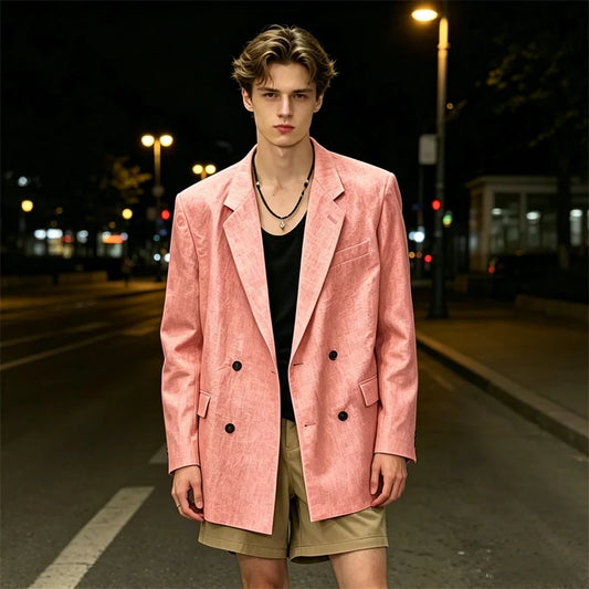 Men's Oversized Linen Blazer Double Breasted Notched Lapel Rolled Cuffs Casual Fit Spring Summer Daily Vacation Office Jacket ﻿