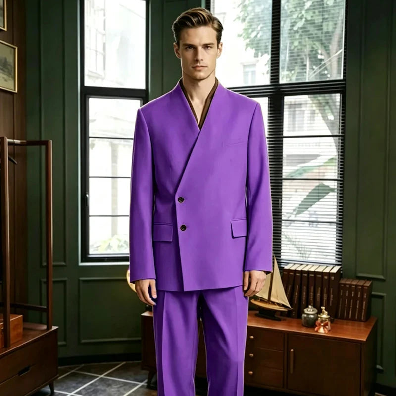 Men's 2-Piece Suit No Lapel Cross V-Neck Loose Blazer & Trousers – Wedding & Formal Occasions