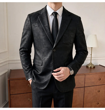 Men's Embossed Suede Blazer Smart Casual Single Breasted Jacket for Everyday Wear
