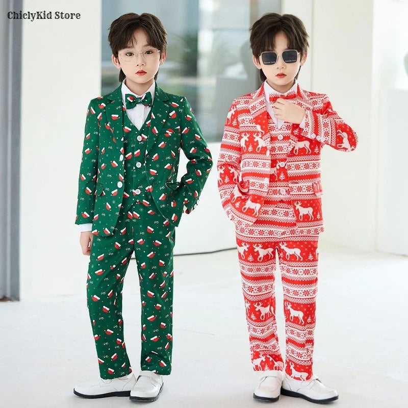 Boys Christmas Blazer Jacket Waistcoat Pants Wedding Suits Kids Morning Coat Formal Dress Children Tuxedos Toddler Clothes Sets